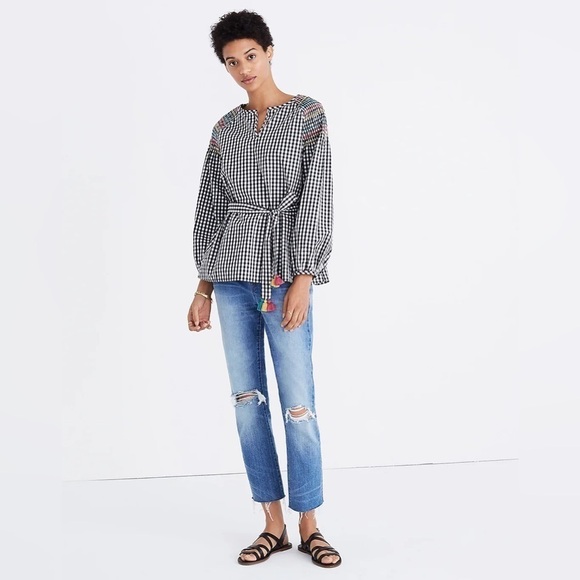 MADEWELL smocked gingham top blouse long sleeve tassel belt tie festive Small - Picture 1 of 12